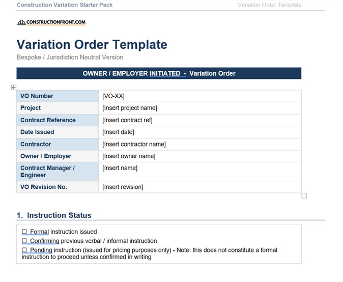 Free Variation Order Template Preview Page 1