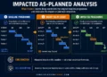 Impacted as-planned analysis infographic showing baseline programme, inserted delay event (fragnet), and resulting impacted schedule with shift in planned completion.