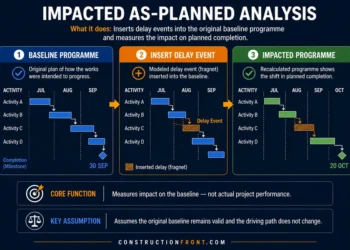 Impacted as-planned analysis infographic showing baseline programme, inserted delay event (fragnet), and resulting impacted schedule with shift in planned completion.