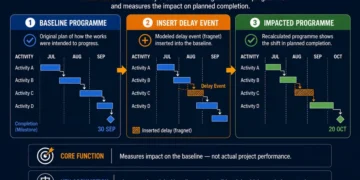 Impacted as-planned analysis infographic showing baseline programme, inserted delay event (fragnet), and resulting impacted schedule with shift in planned completion.