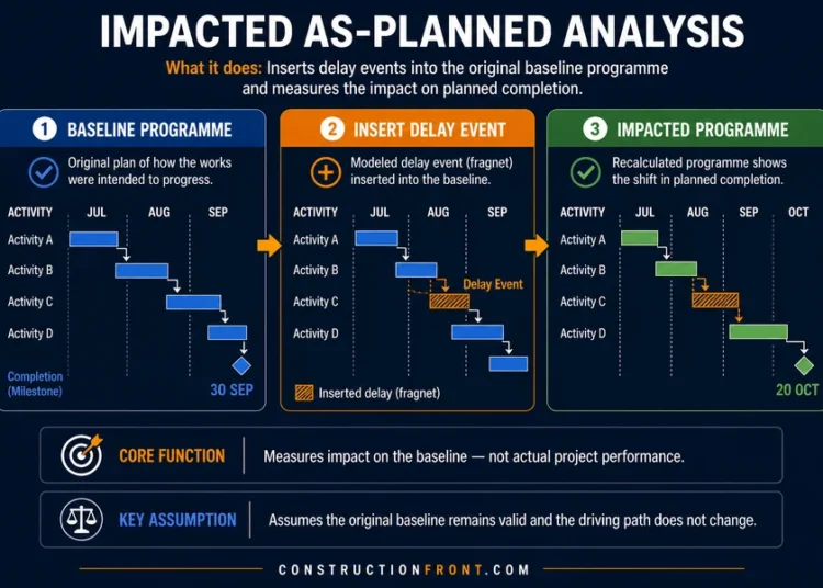 Impacted as-planned analysis infographic showing baseline programme, inserted delay event (fragnet), and resulting impacted schedule with shift in planned completion.