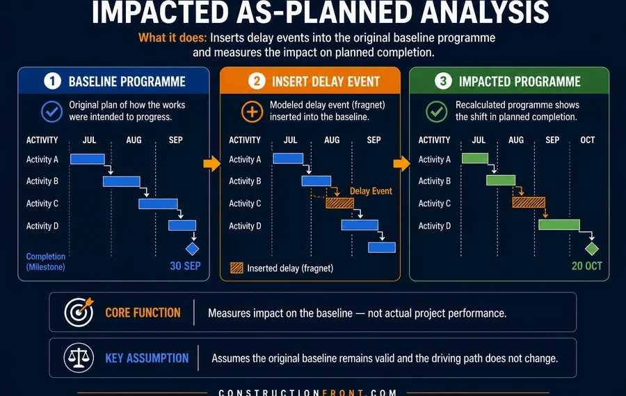 Impacted as-planned analysis infographic showing baseline programme, inserted delay event (fragnet), and resulting impacted schedule with shift in planned completion.
