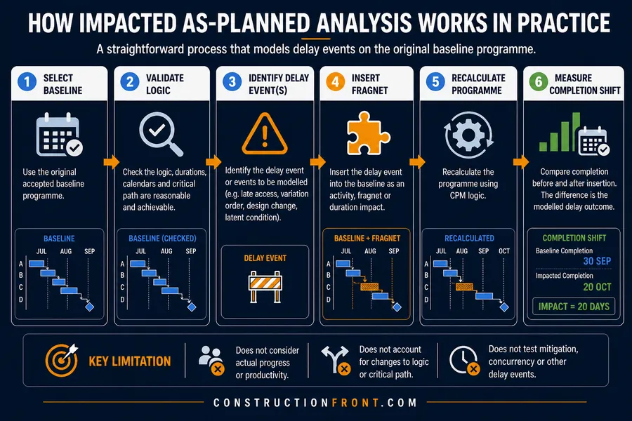 Step-by-step impacted as-planned analysis process showing baseline selection, delay identification, fragnet insertion, programme recalculation, and measurement of completion impact.