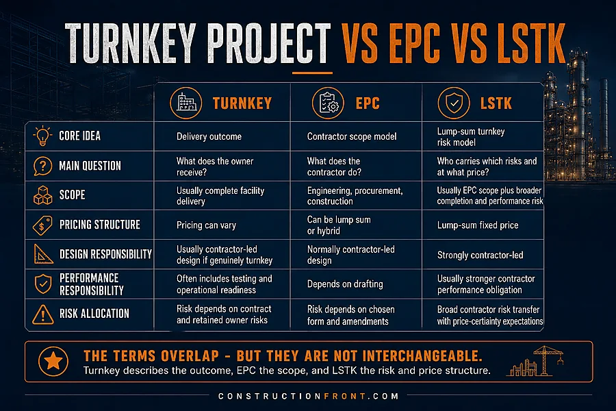 Turnkey project vs EPC vs LSTK comparison infographic showing differences in delivery outcome, contractor scope, pricing structure, design responsibility, performance responsibility, and risk allocation.