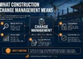 Construction change management infographic showing how projects control scope changes through identification, notices, records, impact assessment, formal instructions and close-out.
