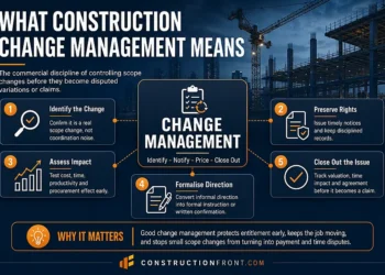 Construction change management infographic showing how projects control scope changes through identification, notices, records, impact assessment, formal instructions and close-out.