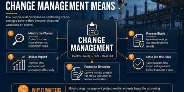 Construction change management infographic showing how projects control scope changes through identification, notices, records, impact assessment, formal instructions and close-out.