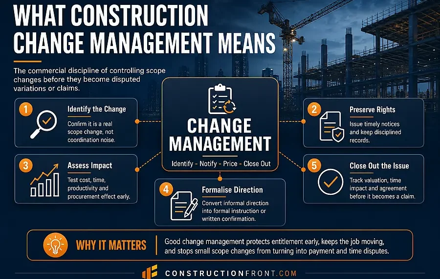Construction change management infographic showing how projects control scope changes through identification, notices, records, impact assessment, formal instructions and close-out.