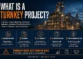 Turnkey project infographic explaining a delivery model in which the contractor delivers a completed, functioning facility ready for takeover and intended use.