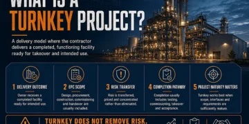 Turnkey project infographic explaining a delivery model in which the contractor delivers a completed, functioning facility ready for takeover and intended use.