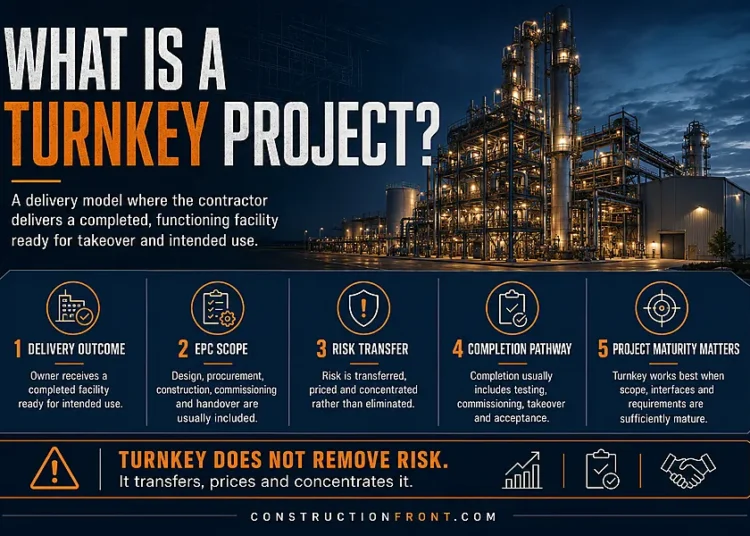 Turnkey project infographic explaining a delivery model in which the contractor delivers a completed, functioning facility ready for takeover and intended use.
