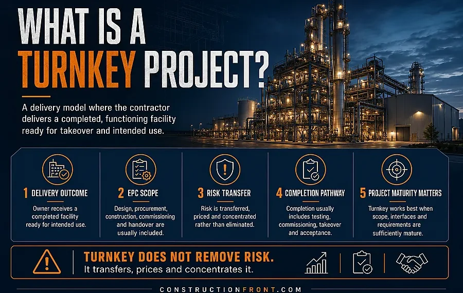Turnkey project infographic explaining a delivery model in which the contractor delivers a completed, functioning facility ready for takeover and intended use.